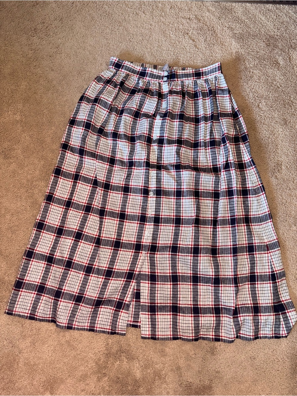 Liz Alig, Gatheted Perry Midi Button-Front Skirt, navy red picnic plaid